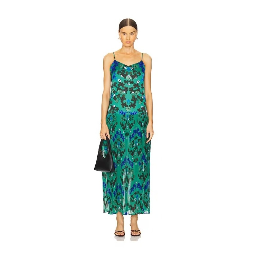 Agua Bendita Pleated Floral Maxi Dress Spaghetti Strap Green Blue M